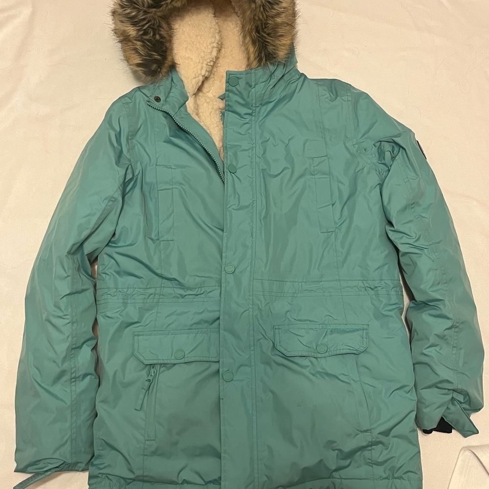 Lands' End kids Aqua Puffer Coat with removable Faux Fur Hood and Sherpa inside
